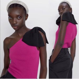 Zara Fuchsia One Shoulder Top with Bow (Size S)